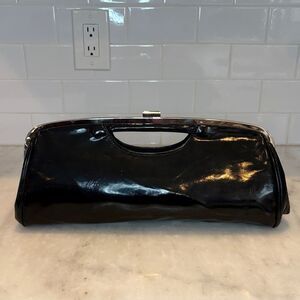Vintage Black Patent Frame Clutch Purse w/ Silver Handle & Kiss Lock Bag